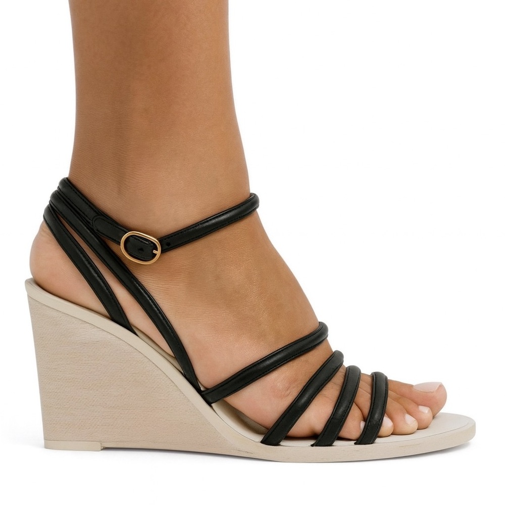 CHANEL Black & Eggshell CC Logo Wedge Heel Sandals IT38.5